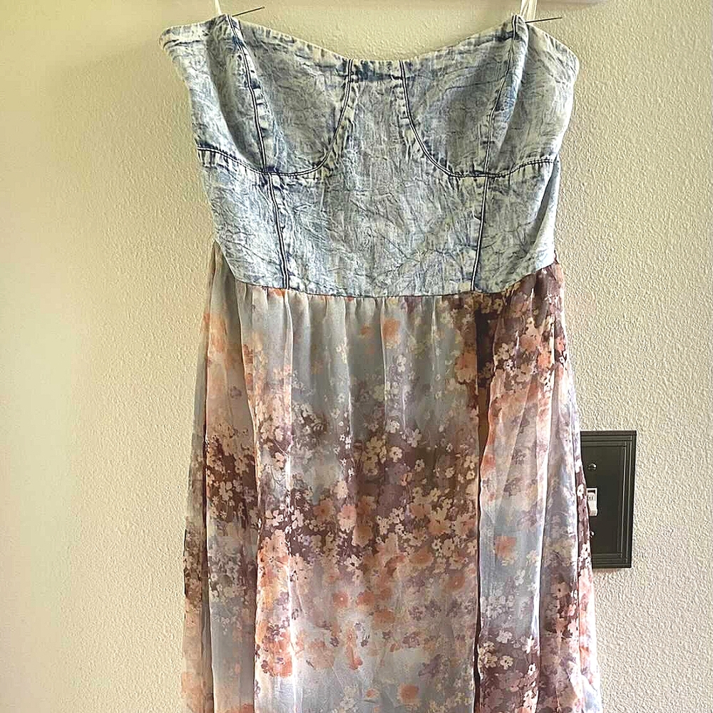 Floral Half Sheer Dress w/ Denim